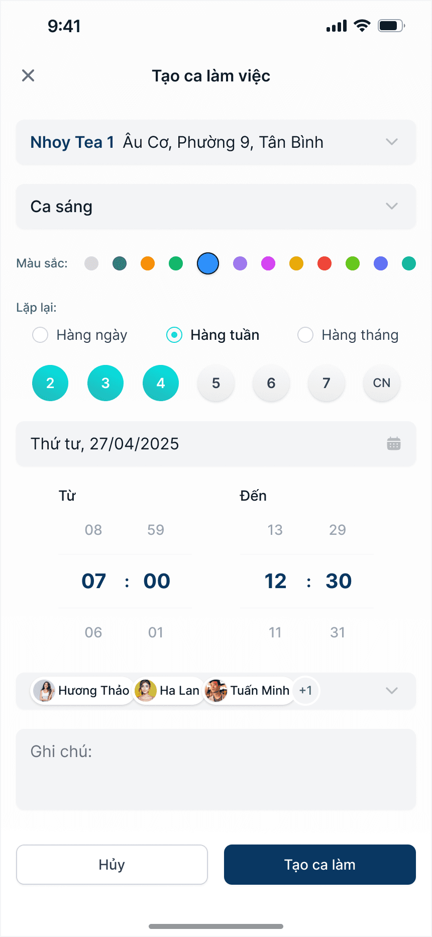 Dashboard quản lý ca làm